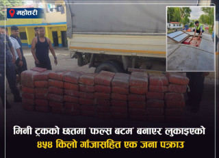 मिनीट्रकको छतमा फल्स बटम बनाएर गाँजा तस्करी, ४५४ केजी गाँजासहित ललितपुरका  तामाङ पक्राउ